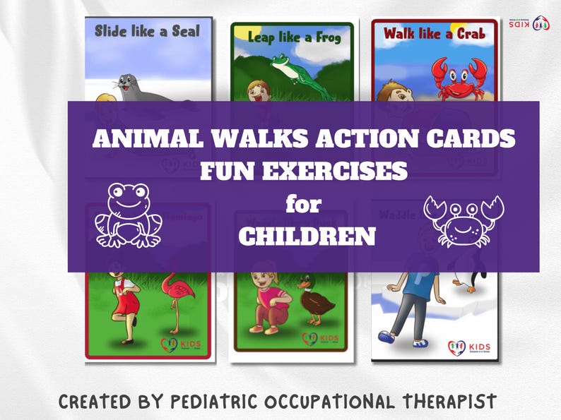 Op de afbeelding: Een set kleurrijke actiecards met dieren en instructies om "Te glijden als een zeehond", "Te springen als een kikker" en "Te lopen als een krab". De kaarten zijn ontworpen voor kinderen en bevatten illustraties van kinderen die de acties uitvoeren. De titel van de kaarten is "DIER-LOOP-ACTIECARDS LEUKE OEFENINGEN voor KINDEREN".