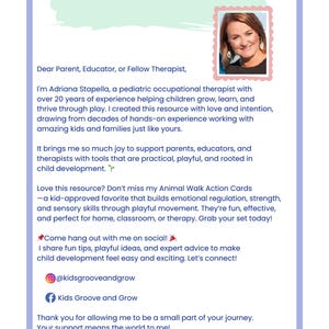 May include: A white and blue informational card titled "A Note From The Creator" with text and a photo of a woman. The card is for parents, educators, and therapists. It promotes child development resources.