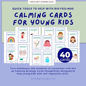 May include: A set of 40 calming strategy cards for young kids, featuring illustrations and text prompts for various activities. The cards are designed to help children with self-regulation skills. The design includes a rainbow, a child listening to music, and a glitter jar.