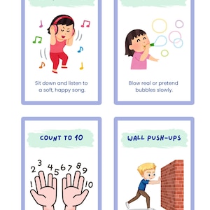 May include: Four illustrated cards with instructions for kids. The cards say "Listen to Music", "Blow Bubbles", "Count to 10", and "Wall Push-Ups". Each card has a corresponding illustration of a child performing the activity. The website KidsGrooveAndGrow.com is in the top right corner.