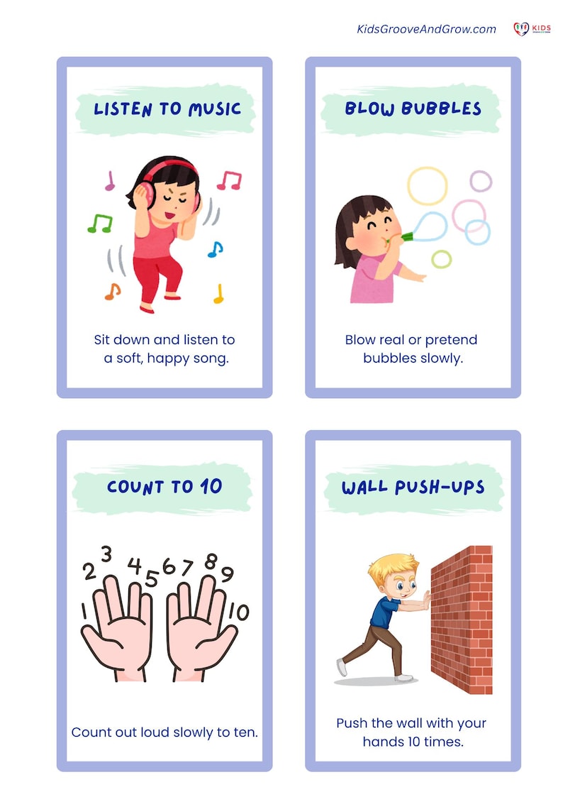 May include: Four illustrated cards with instructions for kids. The cards say "Listen to Music", "Blow Bubbles", "Count to 10", and "Wall Push-Ups". Each card has a corresponding illustration of a child performing the activity. The website KidsGrooveAndGrow.com is in the top right corner.