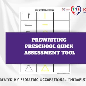 Può includere: Uno strumento di valutazione della pre-scrittura per la scuola materna stampabile con uno striscione viola che recita "Pre-scrittura scuola materna valutazione rapida". Lo strumento include una griglia con vari tratti e forme di pre-scrittura, tra cui linee verticali, linee orizzontali, cerchi e triangoli.