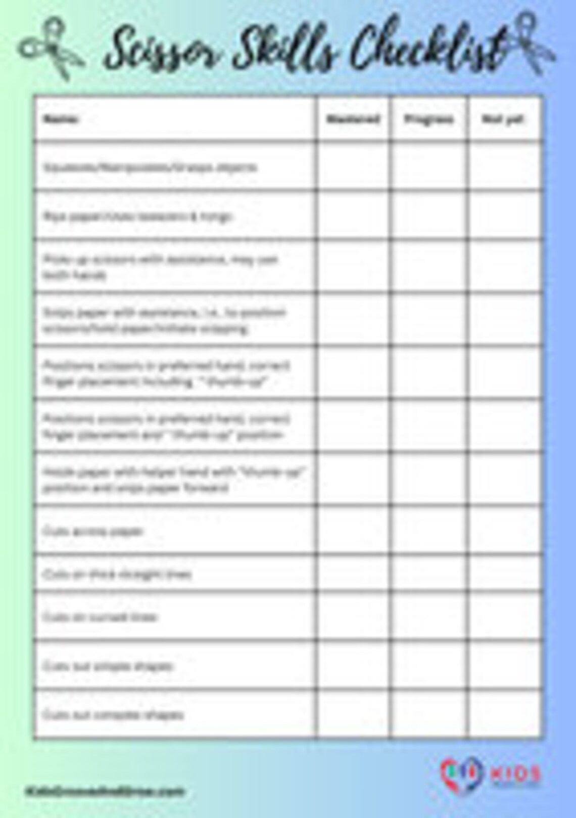 Core Cutting Checklist Scissor Skills Checklist: Fine Motor Cutting Tracker (printable PDF OT ...