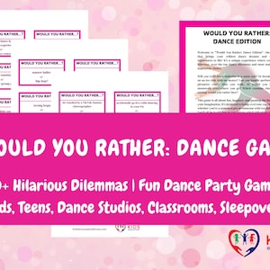 Puede incluir: Un fondo rosa y blanco con el texto "Would You Rather: Dance Game" en letras negras en negrita. El texto "200+ Dilemas Hilarantes | Divertido Juego de Fiesta de Baile para Niños, Adolescentes, Estudios de Baile, Aulas, Pijamadas." también está en letras negras. La imagen también incluye varias tarjetas con el texto "Would You Rather..." en ellas.