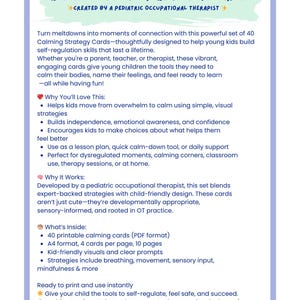 May include: A white and blue card with the text "40 CALMING CARDS FOR YOUNG CHILDREN QUICK TOOLS TO HELP WITH BIG FEELINGS". The card set is designed to help young children build self-regulation skills. Includes printable cards and strategies.
