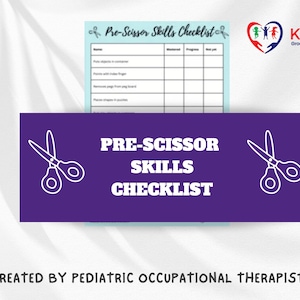 Könnte beinhalten: Lilafarbener Checkliste mit dem Titel "PRE-SCISSOR SKILLS CHECKLIST" und zwei weißen Schere-Symbolen. Der Text "CREATED BY PEDIATRIC OCCUPATIONAL THERAPIST" befindet sich unten.