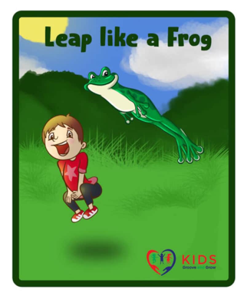 Op de afbeelding: Een groene kikker springt in de lucht boven een jongen die een rood shirt draagt met een witte ster. De jongen springt met gebogen benen en opgeheven armen. De achtergrond is een groen grasveld met een blauwe lucht en witte wolken. De tekst "Leap like a Frog" staat bovenaan de afbeelding. De tekst "KIDS Groove and Grow" staat onderaan de afbeelding.