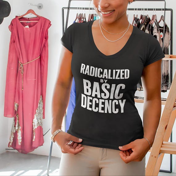 Radicalized by Basic Decency V-Neck T-Shirt, Social Justice Tee