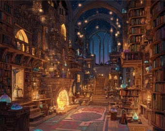 Op de afbeelding: Een illustratie van een grote bibliotheek met torenhoge boekenplanken vol boeken. De kamer wordt verlicht door warm, uitnodigend licht van lampen en een open haard, wat een gezellige en magische sfeer creëert. De architectuur is gedetailleerd en sierlijk.