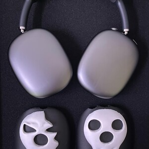 Pu&ograve; includere: Un paio di cuffie over-ear grigie con un design a forma di teschio nero su ogni padiglione auricolare. Il design del teschio &egrave; bianco e ha uno stile semplice e minimalista.