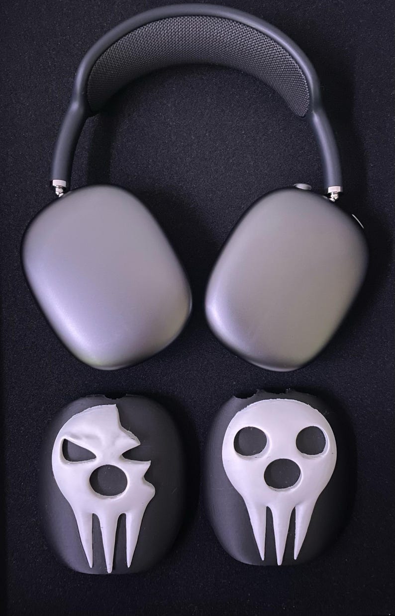 Pu&ograve; includere: Un paio di cuffie over-ear grigie con un design a forma di teschio nero su ogni padiglione auricolare. Il design del teschio &egrave; bianco e ha uno stile semplice e minimalista.