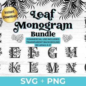 Paquete SVG PNG de monograma de hoja / 26 letras del alfabeto floral / Diseños de letras botánicas para Cricut, sublimación y manualidades de bricolaje