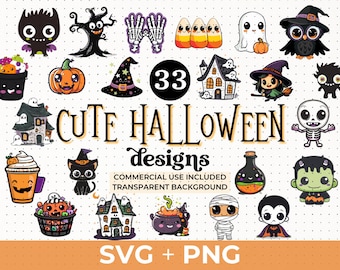 Cute Halloween SVG Bundle | Kawaii Halloween PNG Clipart | Ghost, Pumpkin, Bat, Witch | Halloween Graphics for Cricut and Silhouette