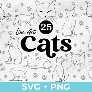Lot de 25 chats SVG PNG | Clipart chat dessin au trait | Fichiers SVG pour amoureux des chats pour Cricut et Canva | Dessins de chat personnalisés en une ligne, impressions d'art