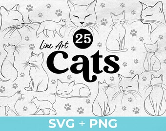 25 Line Art Cat SVG PNG Bundle | Cat Lover Clipart