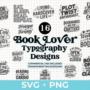 Paquete de libros SVG y PNG / 16 diseños tipográficos divertidos para amantes de los libros y lectores / Club de lectura, citas y refranes sobre libros / Compatible con Cricut
