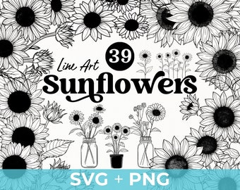 May include: A set of 39 line art sunflower illustrations. The illustrations include sunflowers in various stages of bloom, some in vases, some in pots, and some in bouquets. The text "Line Art Sunflowers" and "SVG + PNG" are also included in the image.