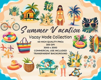 Beach Clipart PNG Bundle, Summer Vacation Art (Digital Download)