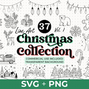 Pacchetto SVG PNG di Natale / Clipart delle feste / Albero di Natale, renne, fiocchi di neve / Scarabocchi invernali Line Art / Elementi di invito di Natale