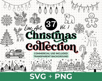 Könnte beinhalten: Ein Set mit 37 Schwarzweiß-Linienzeichnungen zu Weihnachten. Die Illustrationen beinhalten einen Weihnachtsbaum, ein Rentier, einen Lebkuchenmann, einen Eisbären, einen LKW mit einem Weihnachtsbaum, eine Schneeflocke, einen Zuckerstock, ein Haus und eine Lichterkette. Der Text "Line Art 37 Vol. 1 Christmas collection" befindet sich oben im Bild. Der Text "COMMERCIAL USE INCLUDED TRANSPARENT BACKGROUND" befindet sich unter den Illustrationen. Der Text "SVG + PNG" befindet sich unten im Bild.