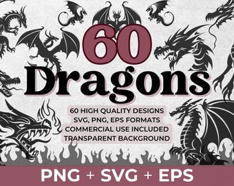 Bundel met drakenontwerpen | 60 Dragon SVG-, PNG-, EPS-bestanden