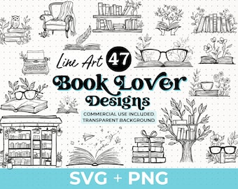 May include: A set of 47 black and white line art illustrations of book-themed designs. The illustrations include books, glasses, a typewriter, a bookshelf, a chair, a cup of coffee, and flowers.