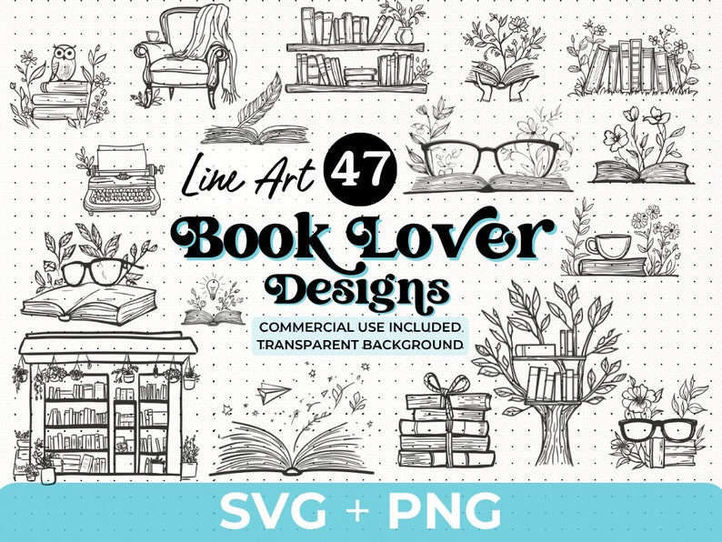Book SVG PNG Bundle featuring designs like stack of books, open book, reading glasses, bookworm, and bookmarks. Ideal for Cricut and Silhouette projects such as book-themed decor, bookmarks, apparel, and book club crafts.