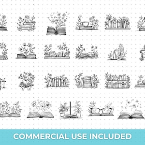 Book SVG PNG Bundle featuring designs like stack of books, open book, reading glasses, bookworm, and bookmarks. Ideal for Cricut and Silhouette projects such as book-themed decor, bookmarks, apparel, and book club crafts.