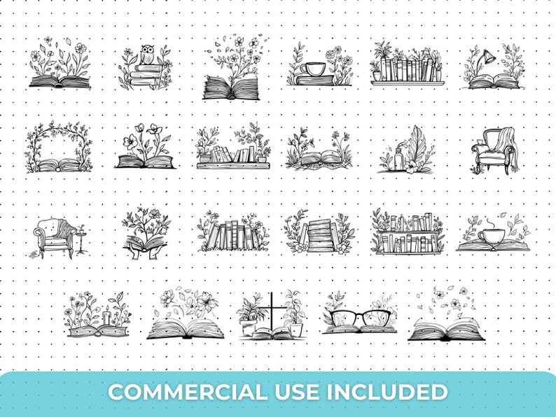 Book SVG PNG Bundle featuring designs like stack of books, open book, reading glasses, bookworm, and bookmarks. Ideal for Cricut and Silhouette projects such as book-themed decor, bookmarks, apparel, and book club crafts.