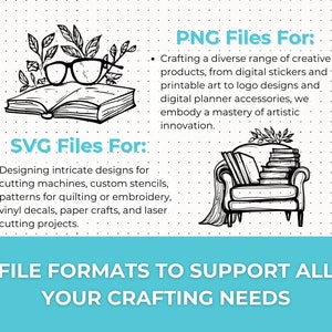 Book SVG PNG Bundle featuring designs like stack of books, open book, reading glasses, bookworm, and bookmarks. Ideal for Cricut and Silhouette projects such as book-themed decor, bookmarks, apparel, and book club crafts.