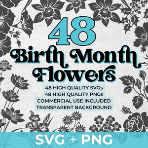 Motifs fleur mois de naissance SVG PNG | Clipart fleur de naissance à imprimer | Lot floral botanique SVG pour autocollants, impressions et travaux manuels