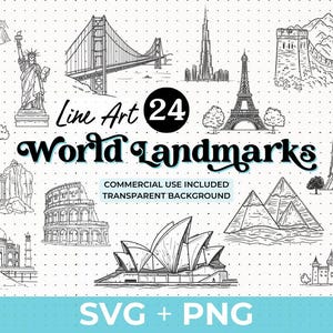 Pacote de Marcos Mundiais SVG PNG | Coleção de Clipart de Viagem | Torre Eiffel, Coliseu, Taj Mahal, Pirâmides | SVG de Férias para Projetos Cricut