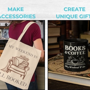 Book SVG PNG Bundle featuring designs like stack of books, open book, reading glasses, bookworm, and bookmarks. Ideal for Cricut and Silhouette projects such as book-themed decor, bookmarks, apparel, and book club crafts.
