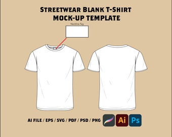 May include: A white streetwear blank t-shirt mock-up template. The design shows the front and back of a crew neck t-shirt. The text "STREETWEAR BLANK T-SHIRT MOCK-UP TEMPLATE" is at the top. The image also includes file type icons.