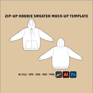 Zipper Hooded Sweater, Urban Streetwear Zip-Up Hoodie Mock-up Vector Template, Blank Sweater Illustration, Fashion Tech Pack