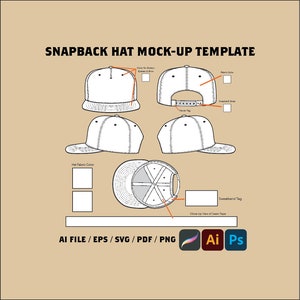5-Panel Snapback Hat w/ Details, Urban Streetwear Hat Mockup Vector Template,Blank Hat Illustration, Drawing for Tech Pack