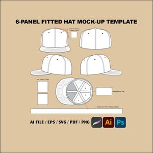Peut inclure: Un modèle de casquette ajustée à 6 panneaux en blanc, présentant différentes vues du chapeau. Comprend des détails pour le bouton, les œillets, le bord, la couleur du tissu du chapeau et l'étiquette du bandeau. Le texte "AI FILE / EPS / SVG / PDF / PNG" est également inclus.
