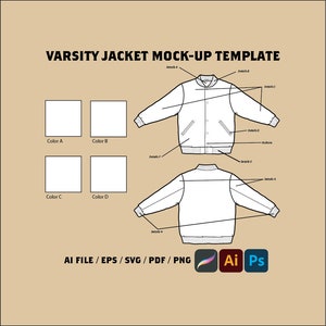 Op de afbeelding: Een zwart-witte lijntekening sjabloon voor een varsity jack ontwerp. De sjabloon toont de voor- en achterkant van het jack met verschillende gebieden die zijn gelabeld voor kleur en details. De tekst "VARSITY JACKET MOCK-UP TEMPLATE" staat bovenaan de afbeelding. De tekst "AI FILE/EPS/SVG/PDF/PNG" staat onderaan de afbeelding. De pictogrammen voor Adobe Illustrator en Adobe Photoshop staan ook onderaan de afbeelding.