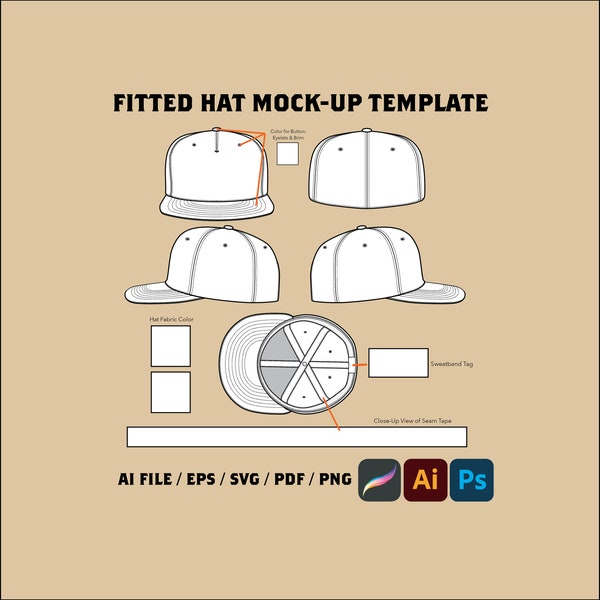 5-Panel Fitted Hat w/ Details, Urban Streetwear Hat Mockup Vector Template, Blank Hat Illustration, Drawing for Tech Pack