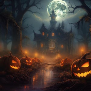 Halloween Haunted House with Jack-O-Lanterns | Spooky Scene Picture | Digital Download | Full Moon | Home Wall Fine Art Decoration | Office