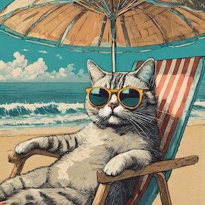 Puede incluir: Un gato atigrado gris con gafas de sol amarillas se sienta en una silla de playa azul y blanca a rayas bajo una sombrilla de playa marrón. El gato está en una playa de arena con olas azules del océano en el fondo.