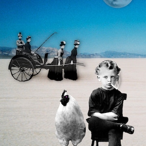 Surreal Boy and Chicken Desert Print: Vintage Moon Art (Digital Download)