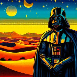 Lord Vador of the Dunes Pop Art Print | Star Wars Retro Sci-Fi Digital Art | Vibrant Tatooine Wall Decor | Instant Download