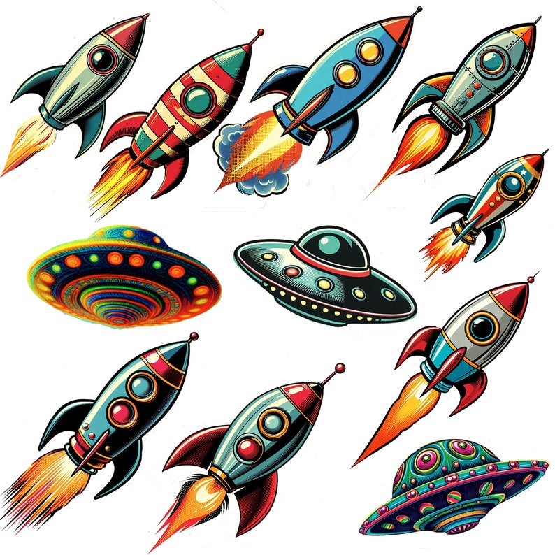 Retro Rockets and Ufo's Clipart PNG Files - Etsy
