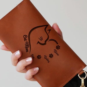 Cartera de regalo para amantes de los gatos, Cartera de gato, Cartera de mujer personalizada, Regalo hecho a mano para él, Cartera de mujer de cuero, Cartera de mujer única