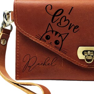 Cartera de mujer con diseño de "Me encanta el gato", cartera de mujer personalizada, cartera personalizada como regalo para novia, cartera de mujer hecha a mano como regalo para amiga