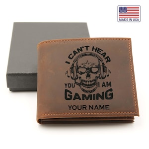 Cartera de cuero auténtico con diseño de videojuegos para aficionados, cartera de cuero personalizada para hombre, cartera grabada para hombre, regalo de cumpleaños para hijo.