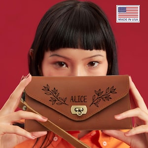 Personalized Flower Leather Wallet, Gift For Flower Lovers, Leather Purse, Engraved Women Wallet, Unique Anniversary Day Gift For Wife