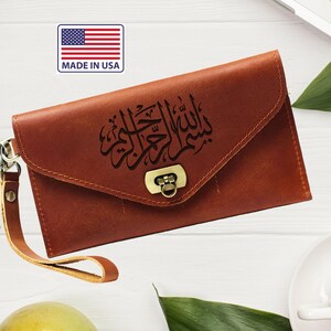 Cartera de mujer diseñada por Bismillahirrahmanirrahim, carteras grandes personalizadas para mujer, regalo de billetera único para abuela, billetera de cuero para dama