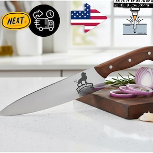 Personalized Gift Knife with Cutting Board, Chef Knife for Professional, Handmade Wolf Engraved Knife, Wooden Handle Knife with Tote Bag